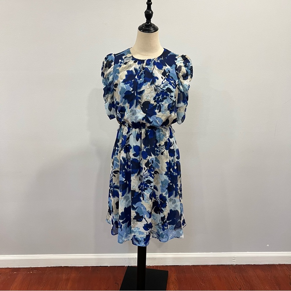 Jessica Howard Blue & Grey Multicolor Puff Shoulder Mini Dress - Size 6 -Reemoly